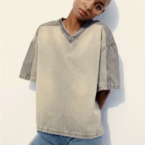 Zara Grey Blue Denim Cropped Top Bloggers Favorite Women’s Size XL - Picture 1 of 7